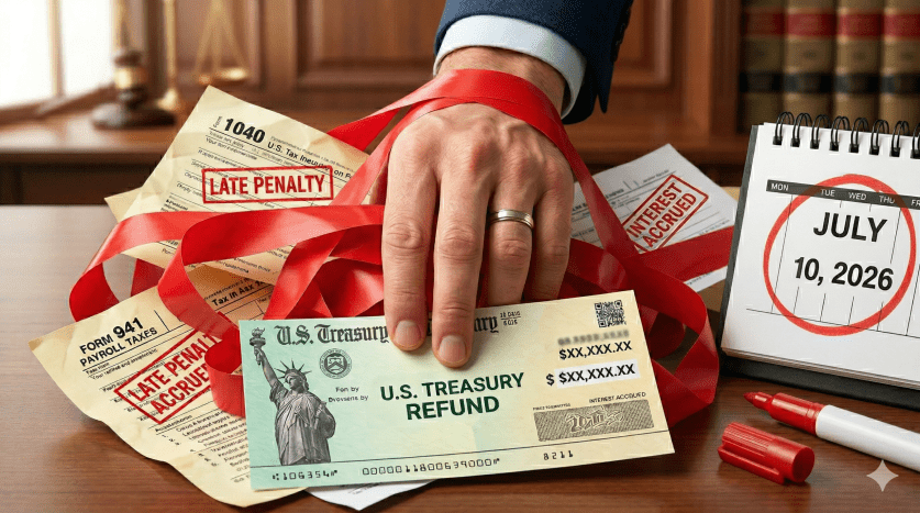 A hand in a business suit pulls a U.S. Treasury Refund check from a pile of IRS tax forms wrapped in red tape, sitting next to a desk calendar with July 10, 2026, circled in red.