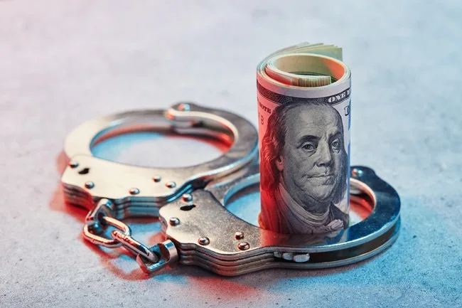 Handcuffs and USD represent jail time and fines for tax fraud