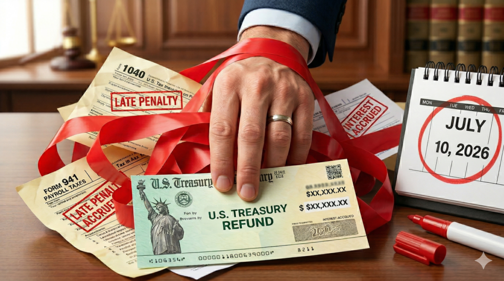A hand in a business suit pulls a U.S. Treasury Refund check from a pile of IRS tax forms wrapped in red tape, sitting next to a desk calendar with July 10, 2026, circled in red.